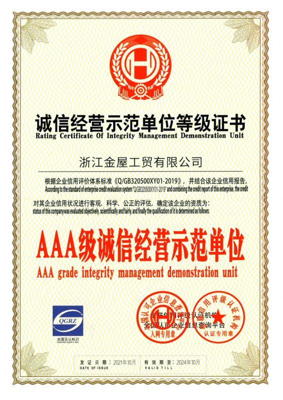 诚信经营示范单位等级证书